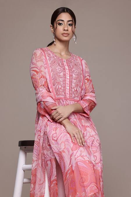 Buy_Ritu Kumar, Ri.Ritu Kumar, aarke Ritu Kumar_Pink Cotton Embroidery Round Neck Raspberry Tarasha Printed Kurta Set