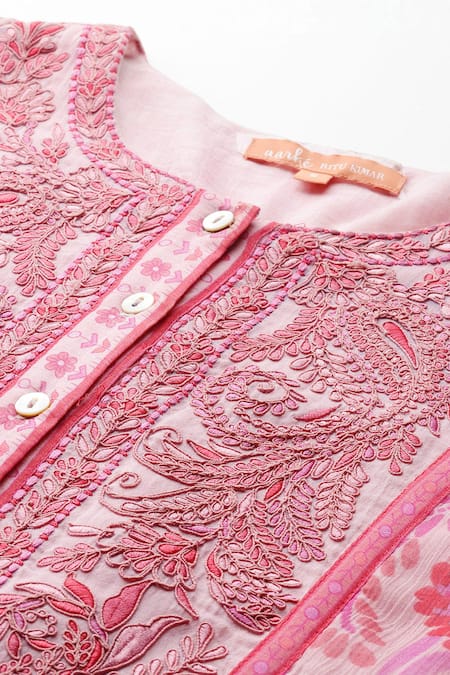 Shop Ritu Kumar, Ri.Ritu Kumar, aarke Ritu Kumar Pink Cotton Embroidery Round Neck Raspberry Tarasha Printed Kurta Set Shop_Ritu Kumar, Ri.Ritu Kumar, aarke Ritu Kumar_Pink Cotton Embroidery Round Neck Raspberry Tarasha Printed Kurta Set
