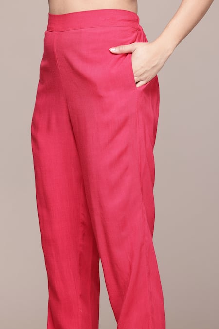 Ritu Kumar, Ri.Ritu Kumar, aarke Ritu Kumar_Red Viscose, Cotton Embroidery Round Neck Zavian Kurta Set With Pant And Dupatta_Online_at_Aza_Fashions