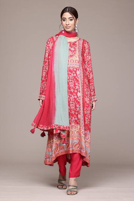 Shop_Ritu Kumar, Ri.Ritu Kumar, aarke Ritu Kumar_Red Viscose, Cotton Embroidery Round Neck Zavian Kurta Set With Pant And Dupatta_Online_at_Aza_Fashions