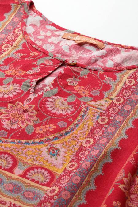 Ritu Kumar, Ri.Ritu Kumar, aarke Ritu Kumar_Red Viscose, Cotton Embroidery Round Neck Zavian Kurta Set With Pant And Dupatta_at_Aza_Fashions