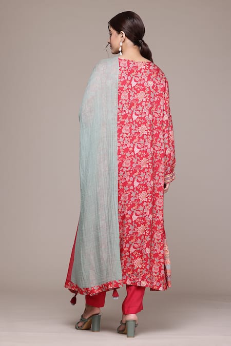 Shop_Ritu Kumar, Ri.Ritu Kumar, aarke Ritu Kumar_Red Viscose, Cotton Embroidery Round Neck Zavian Kurta Set With Pant And Dupatta_at_Aza_Fashions