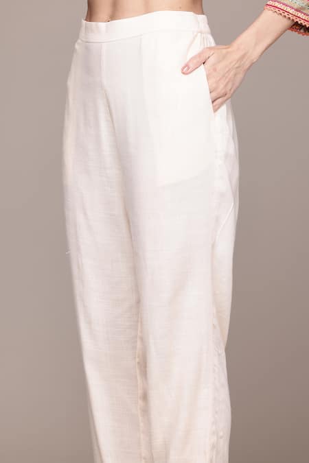 Ritu Kumar, Ri.Ritu Kumar, aarke Ritu Kumar_Off White Viscose, Rayon Embroidery V-neck Floral Print Kurta Set_Online_at_Aza_Fashions