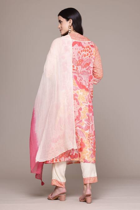 Shop_Ritu Kumar, Ri.Ritu Kumar, aarke Ritu Kumar_Coral Viscose, Cotton Embroidery Round Ophellia Kurta Set With Pant And Dupatta_at_Aza_Fashions