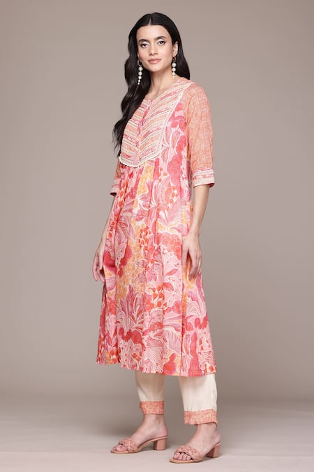 Shop_Ritu Kumar, Ri.Ritu Kumar, aarke Ritu Kumar_Coral Viscose, Cotton Embroidery Round Ophellia Kurta Set With Pant And Dupatta_Online_at_Aza_Fashions