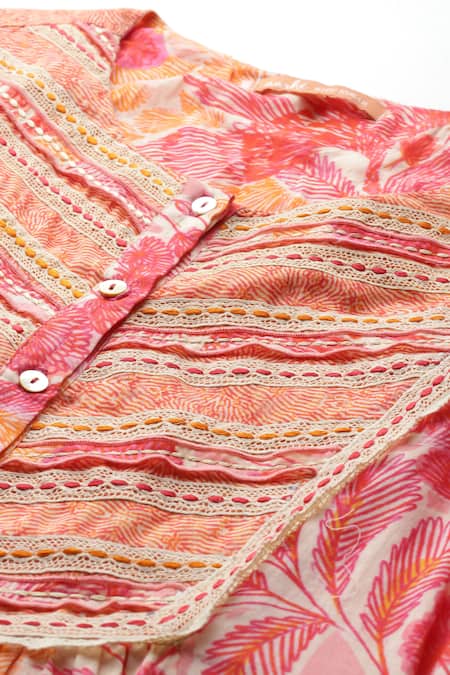 Shop_Ritu Kumar, Ri.Ritu Kumar, aarke Ritu Kumar_Coral Viscose, Cotton Embroidery Round Ophellia Kurta Set With Pant And Dupatta