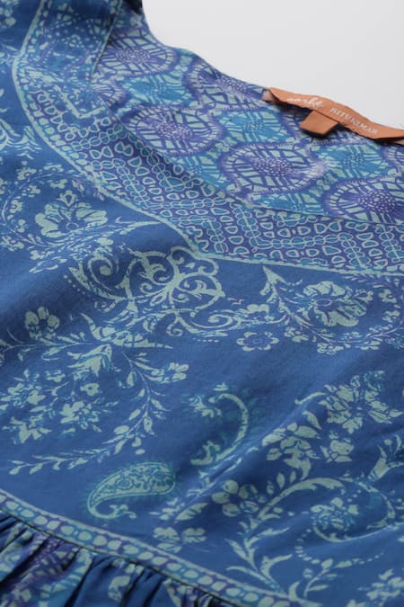 Buy_Ritu Kumar, Ri.Ritu Kumar, aarke Ritu Kumar_Blue Cotton Round Neck Printed Anarkali Kurta Set_Online_at_Aza_Fashions