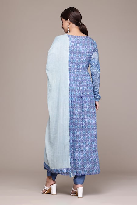 Shop Ritu Kumar, Ri.Ritu Kumar, aarke Ritu Kumar Blue Cotton Round Neck Printed Anarkali Kurta Set at Aza Fashions Shop_Ritu Kumar, Ri.Ritu Kumar, aarke Ritu Kumar_Blue Cotton Round Neck Printed Anarkali Kurta Set_at_Aza_Fashions