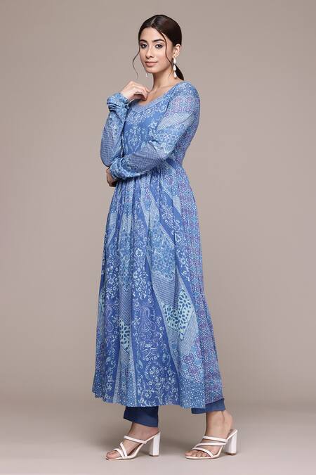 Ritu Kumar, Ri.Ritu Kumar, aarke Ritu Kumar Blue Cotton Round Neck Printed Anarkali Kurta Set at Aza Fashions Ritu Kumar, Ri.Ritu Kumar, aarke Ritu Kumar_Blue Cotton Round Neck Printed Anarkali Kurta Set_at_Aza_Fashions