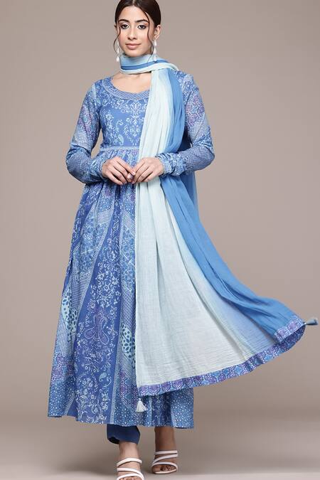 Buy Ritu Kumar, Ri.Ritu Kumar, aarke Ritu Kumar Blue Cotton Round Neck Printed Anarkali Kurta Set Buy_Ritu Kumar, Ri.Ritu Kumar, aarke Ritu Kumar_Blue Cotton Round Neck Printed Anarkali Kurta Set