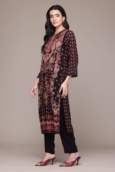 Shop_Ritu Kumar, Ri.Ritu Kumar, aarke Ritu Kumar_Black Cotton Embroidery Round Neck Onyx Printed Kurta Set_Online_at_Aza_Fashions