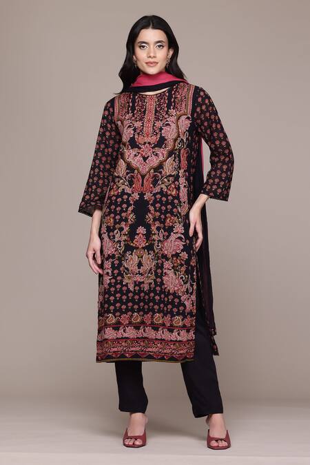 Ritu Kumar, Ri.Ritu Kumar, aarke Ritu Kumar_Black Cotton Embroidery Round Neck Onyx Printed Kurta Set_at_Aza_Fashions