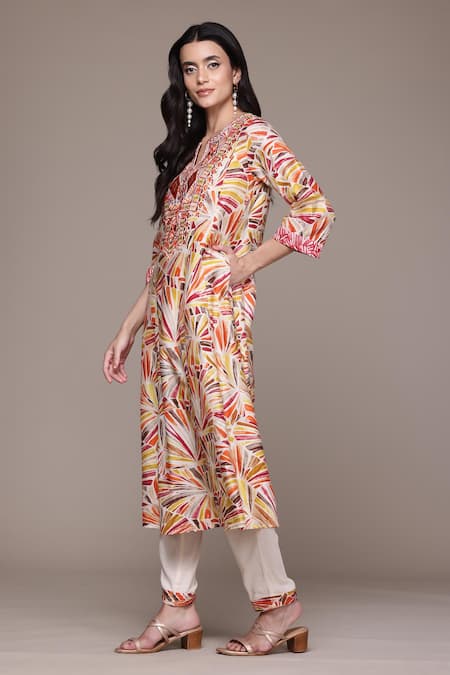 Buy_Ritu Kumar, Ri.Ritu Kumar, aarke Ritu Kumar_Cream Cotton Embroidery, Tassels Round Neck Phulkari Printed Kurta Set With Pant_Online_at_Aza_Fashions