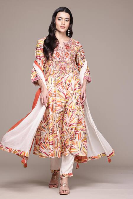 Shop_Ritu Kumar, Ri.Ritu Kumar, aarke Ritu Kumar_Cream Cotton Embroidery, Tassels Round Neck Phulkari Printed Kurta Set With Pant_Online_at_Aza_Fashions