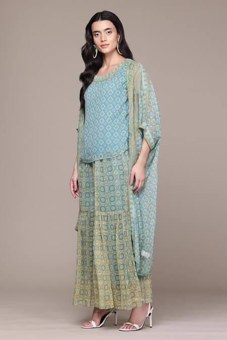Ritu Kumar, Ri.Ritu Kumar, aarke Ritu Kumar_Turquoise Cotton Khanak Cape And Sharara Set_Online_at_Aza_Fashions