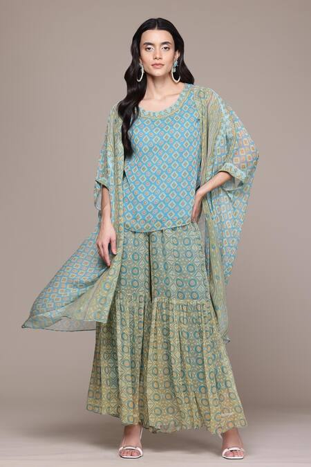 Buy_Ritu Kumar, Ri.Ritu Kumar, aarke Ritu Kumar_Turquoise Cotton Khanak Cape And Sharara Set_Online_at_Aza_Fashions