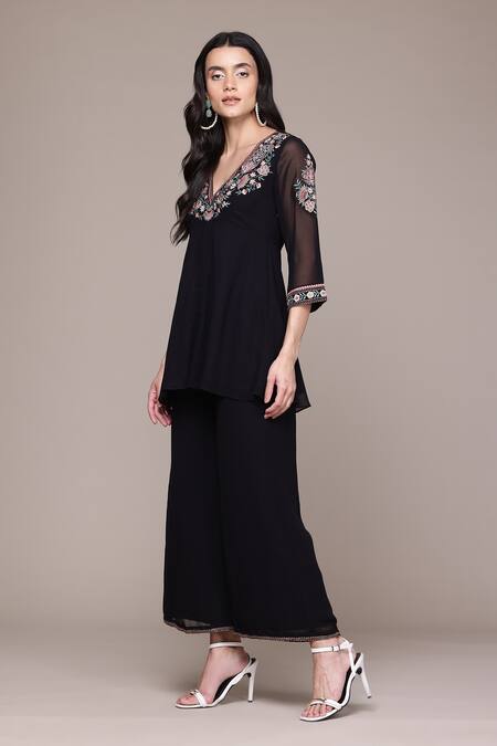 Ritu Kumar, Ri.Ritu Kumar, aarke Ritu Kumar_Black Polyester Embroidery V-neck Shloka Solid Kurti And Palazzo Set_Online_at_Aza_Fashions