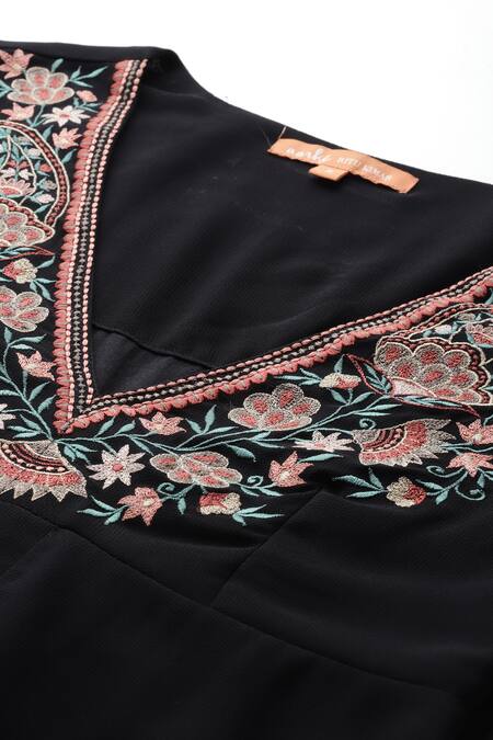 Shop_Ritu Kumar, Ri.Ritu Kumar, aarke Ritu Kumar_Black Polyester Embroidery V-neck Shloka Solid Kurti And Palazzo Set_Online_at_Aza_Fashions