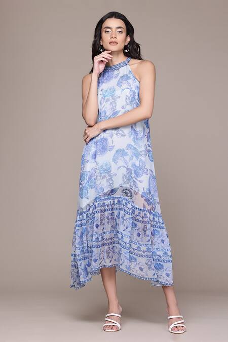 Ritu Kumar, Ri.Ritu Kumar, aarke Ritu Kumar_Blue Polyester Beads, Embroidery Halter Neck Floral Print Dress_Online_at_Aza_Fashions