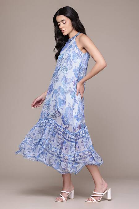 Buy_Ritu Kumar, Ri.Ritu Kumar, aarke Ritu Kumar_Blue Polyester Beads, Embroidery Halter Neck Floral Print Dress_Online_at_Aza_Fashions