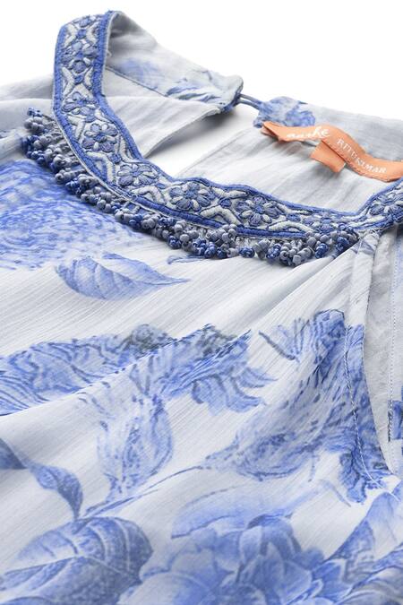 Ritu Kumar, Ri.Ritu Kumar, aarke Ritu Kumar_Blue Polyester Beads, Embroidery Halter Neck Floral Print Dress_at_Aza_Fashions