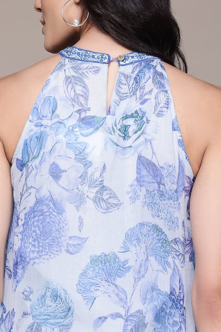 Buy_Ritu Kumar, Ri.Ritu Kumar, aarke Ritu Kumar_Blue Polyester Beads, Embroidery Halter Neck Floral Print Dress
