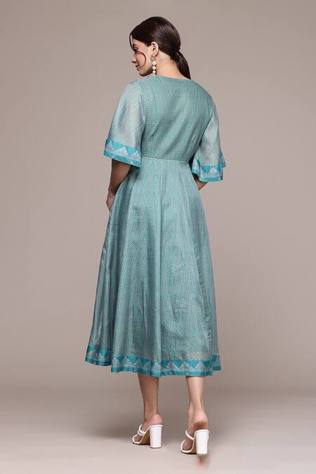 Shop Ritu Kumar, Ri.Ritu Kumar, aarke Ritu Kumar Green Polyester Embroidery V-neck Jharna Long Dress at Aza Fashions Shop_Ritu Kumar, Ri.Ritu Kumar, aarke Ritu Kumar_Green Polyester Embroidery V-neck Jharna Long Dress_at_Aza_Fashions