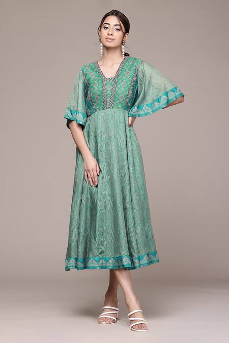 Ritu Kumar, Ri.Ritu Kumar, aarke Ritu Kumar Green Polyester Embroidery V-neck Jharna Long Dress Online at Aza Fashions Ritu Kumar, Ri.Ritu Kumar, aarke Ritu Kumar_Green Polyester Embroidery V-neck Jharna Long Dress_Online_at_Aza_Fashions