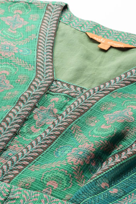Shop Ritu Kumar, Ri.Ritu Kumar, aarke Ritu Kumar Green Polyester Embroidery V-neck Jharna Long Dress Online at Aza Fashions Shop_Ritu Kumar, Ri.Ritu Kumar, aarke Ritu Kumar_Green Polyester Embroidery V-neck Jharna Long Dress_Online_at_Aza_Fashions