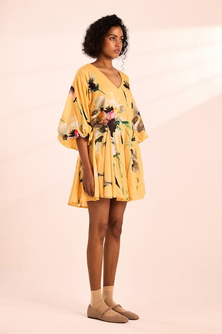 Kharakapas_Yellow Voile V-neck Floral Print Midspring Dress _Online_at_Aza_Fashions