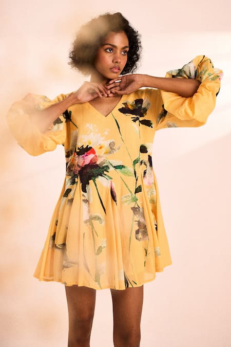 Buy_Kharakapas_Yellow Voile V-neck Floral Print Midspring Dress _Online_at_Aza_Fashions