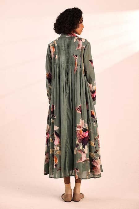 Kharakapas Painterly Floral Button-Down Midi Dress 