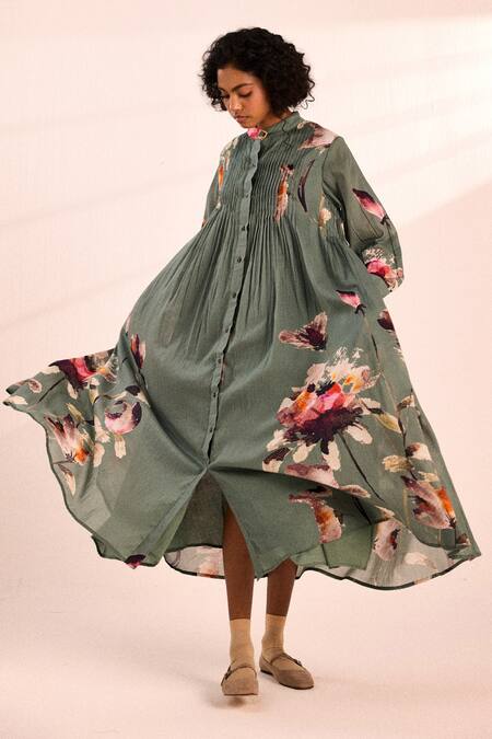 Kharakapas Painterly Floral Button-Down Midi Dress 