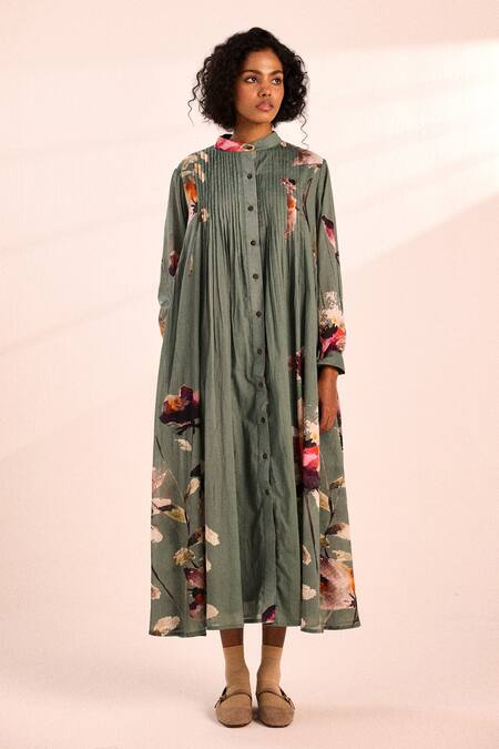 Kharakapas_Gray Voile Button-down Neck Painterly Floral Midi Dress _Online_at_Aza_Fashions