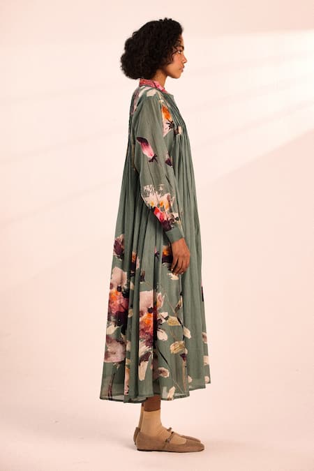 Buy_Kharakapas_Gray Voile Button-down Neck Painterly Floral Midi Dress _Online_at_Aza_Fashions