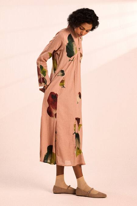 Kharakapas_Blush Voile V-neck Abstract Watercolor Midi Dress _Online_at_Aza_Fashions