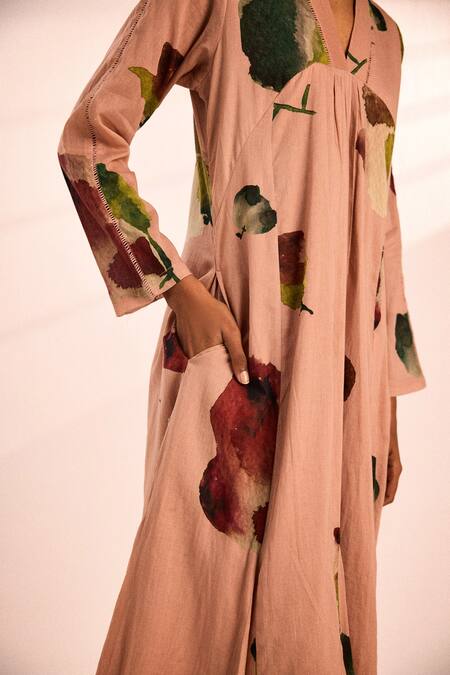 Shop_Kharakapas_Blush Voile V-neck Abstract Watercolor Midi Dress _Online_at_Aza_Fashions