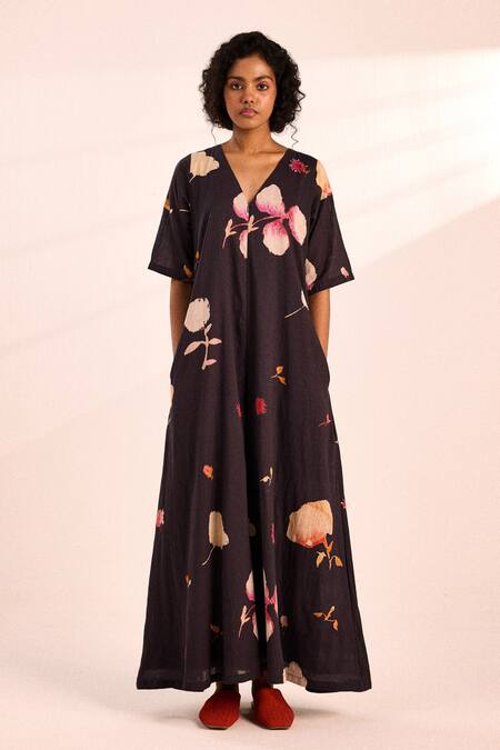 Kharakapas_Charcoal Cotton V-neck Floral Print Jumpsuit _Online_at_Aza_Fashions