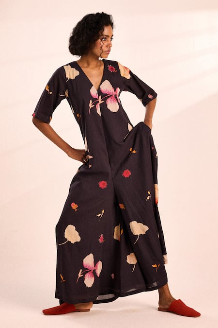 Kharakapas Floral Print Charcoal Jumpsuit 