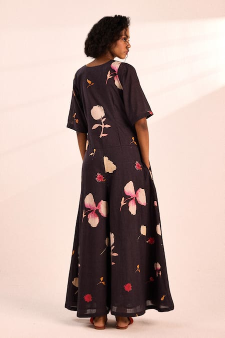 Kharakapas Floral Print Charcoal Jumpsuit 