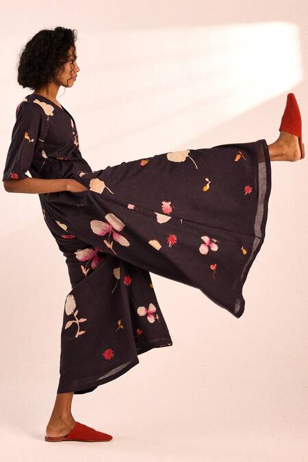 Shop_Kharakapas_Charcoal Cotton V-neck Floral Print Jumpsuit _Online_at_Aza_Fashions