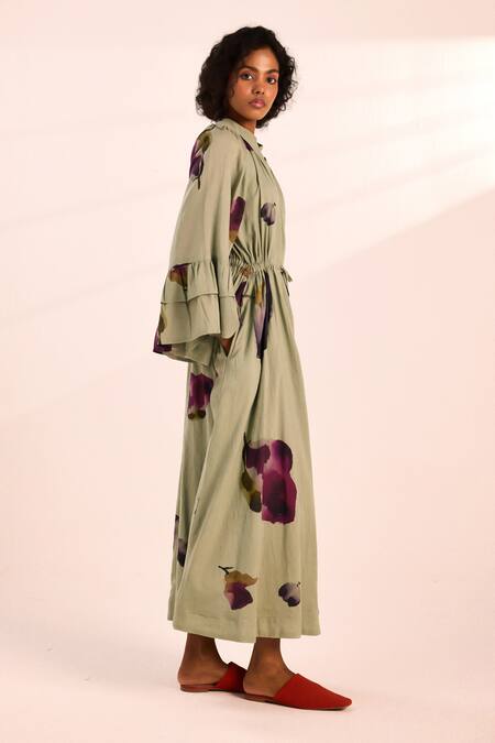 Kharakapas_Green Voile Collared Floral Print Maxi Dress _Online_at_Aza_Fashions