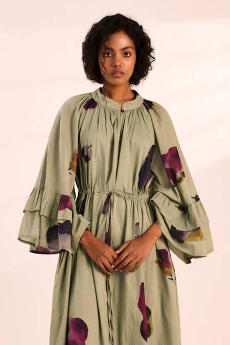 Buy_Kharakapas_Green Voile Collared Floral Print Maxi Dress _Online_at_Aza_Fashions