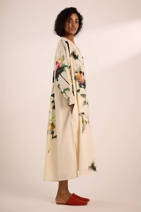 Kharakapas_Off White Voile V-neck Watercolor Floral Print A-line Dress _Online_at_Aza_Fashions