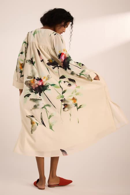 Kharakapas Watercolor Floral Print A-Line Dress 