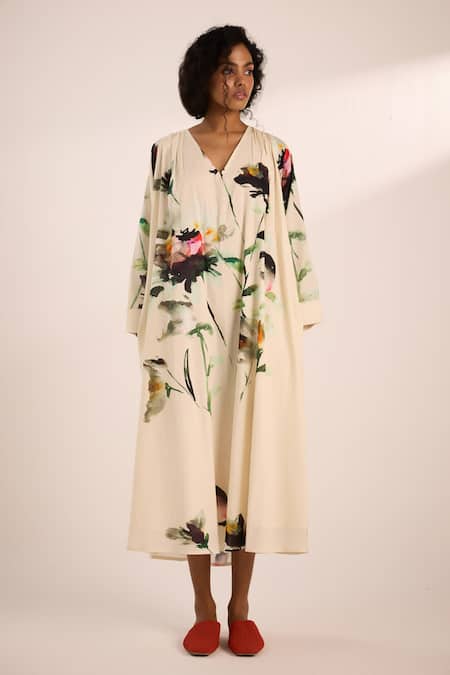 Buy_Kharakapas_Off White Voile V-neck Watercolor Floral Print A-line Dress _Online_at_Aza_Fashions