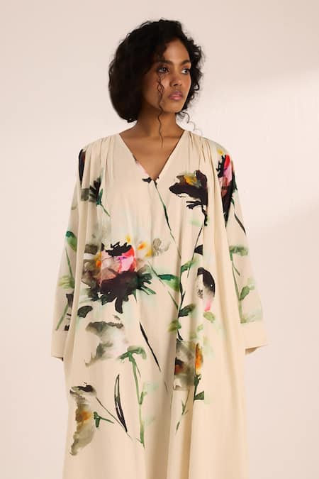 Shop_Kharakapas_Off White Voile V-neck Watercolor Floral Print A-line Dress _Online_at_Aza_Fashions