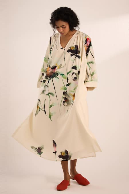 Kharakapas Watercolor Floral Print A-Line Dress 