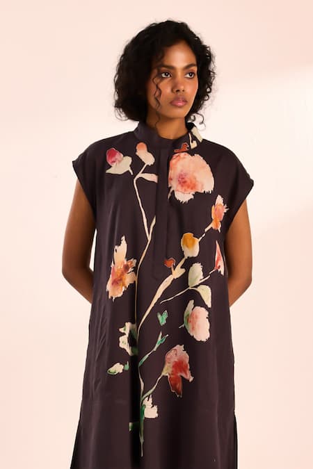 Buy_Kharakapas_Black Cotton, Voile Embroidery Collared Floral Print Short Dress _Online_at_Aza_Fashions