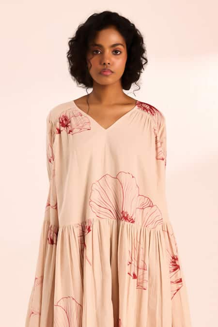 Kharakapas_Beige Voile V-neck Floral Print Maxi Dress _Online_at_Aza_Fashions
